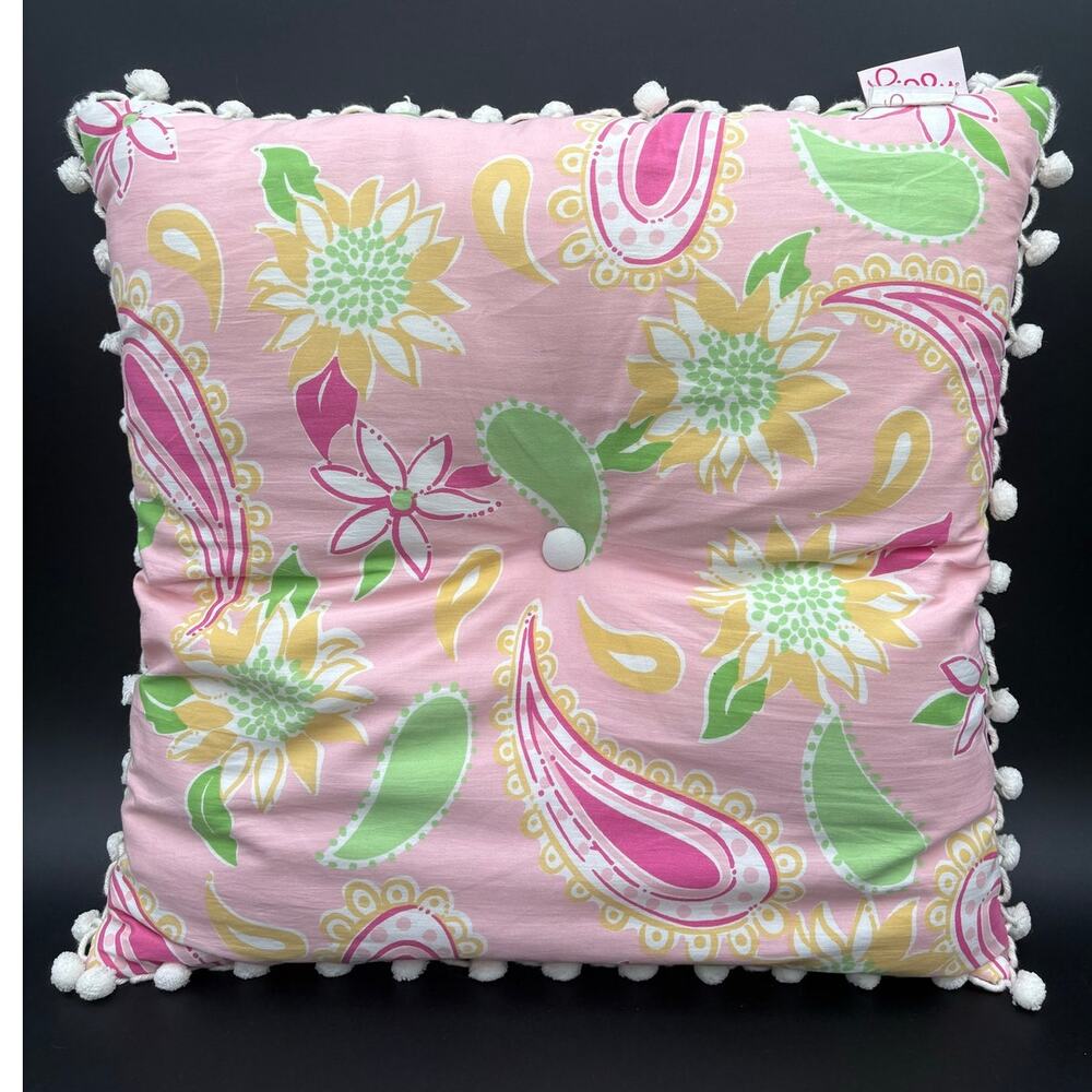 Lilly Pulitzer Reversible Throw Pillow 19x19 Pink Floral Paisley Pom Pom Trim